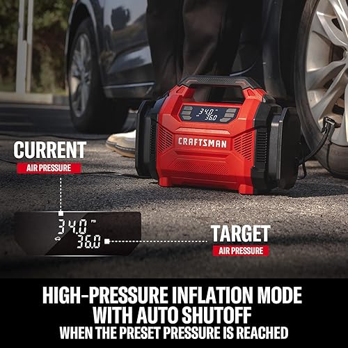 Vista 4 de CRAFTSMAN Inflador de neumáticos, compresor de aire portátil de 150 PSI, doble potencia 12 V CC120 V CA, apagado automático con indicador digital