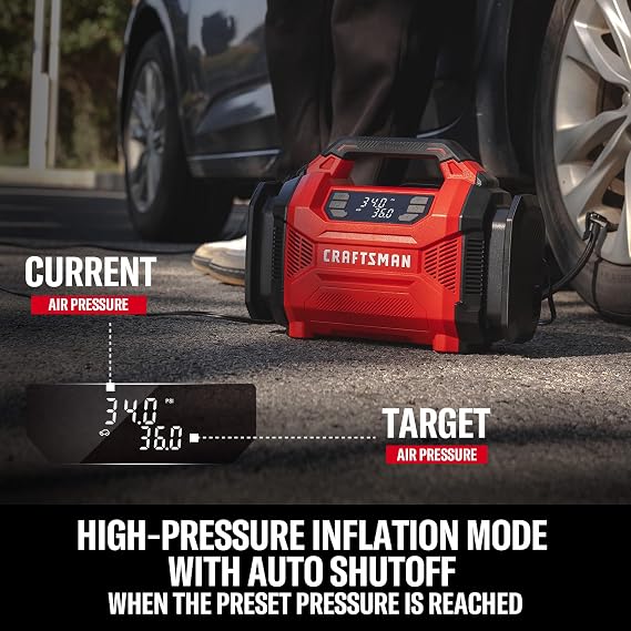 CRAFTSMAN Dual Power Tire Inflator with Digital Gauge & Auto Shut-Off | 12V DC Car Plug and 120V AC Home Use with Up to 150 PSI, LED Light, Portable Air Pump for Car Tires, Bikes and Inflatables