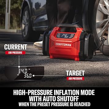CRAFTSMAN Dual Power Tire Inflator with Digital Gauge & Auto Shut-Off | 12V DC Car Plug and 120V AC Home Use with Up to 150 PSI, LED Light, Portable Air Pump for Car Tires, Bikes and Inflatables