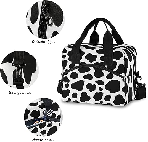 Miniatura 5 de Bolsa de almuerzo reutilizable negra con estampado de vaca animal para mujeres, lonchera aislada, enfriador, organizador con cremallera, bolsa de