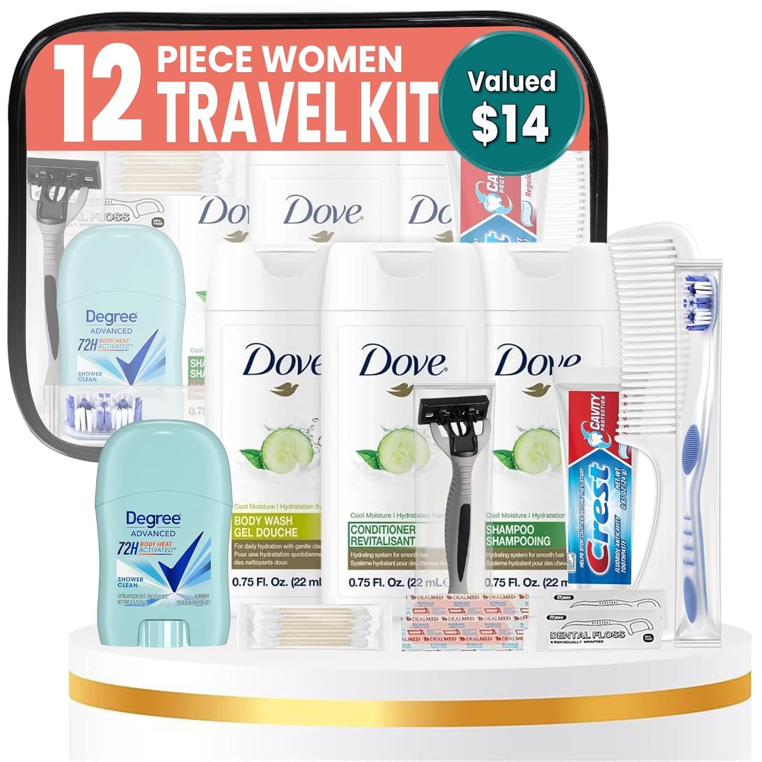 Trektote Travel Toiletry Kit For Women – 12 Piece Set Of Travel Size Toiletries, TSA Compliant, Travel Essentials, Includes Shampoo And Conditioner, Body Wash, Toiletry Bag & More