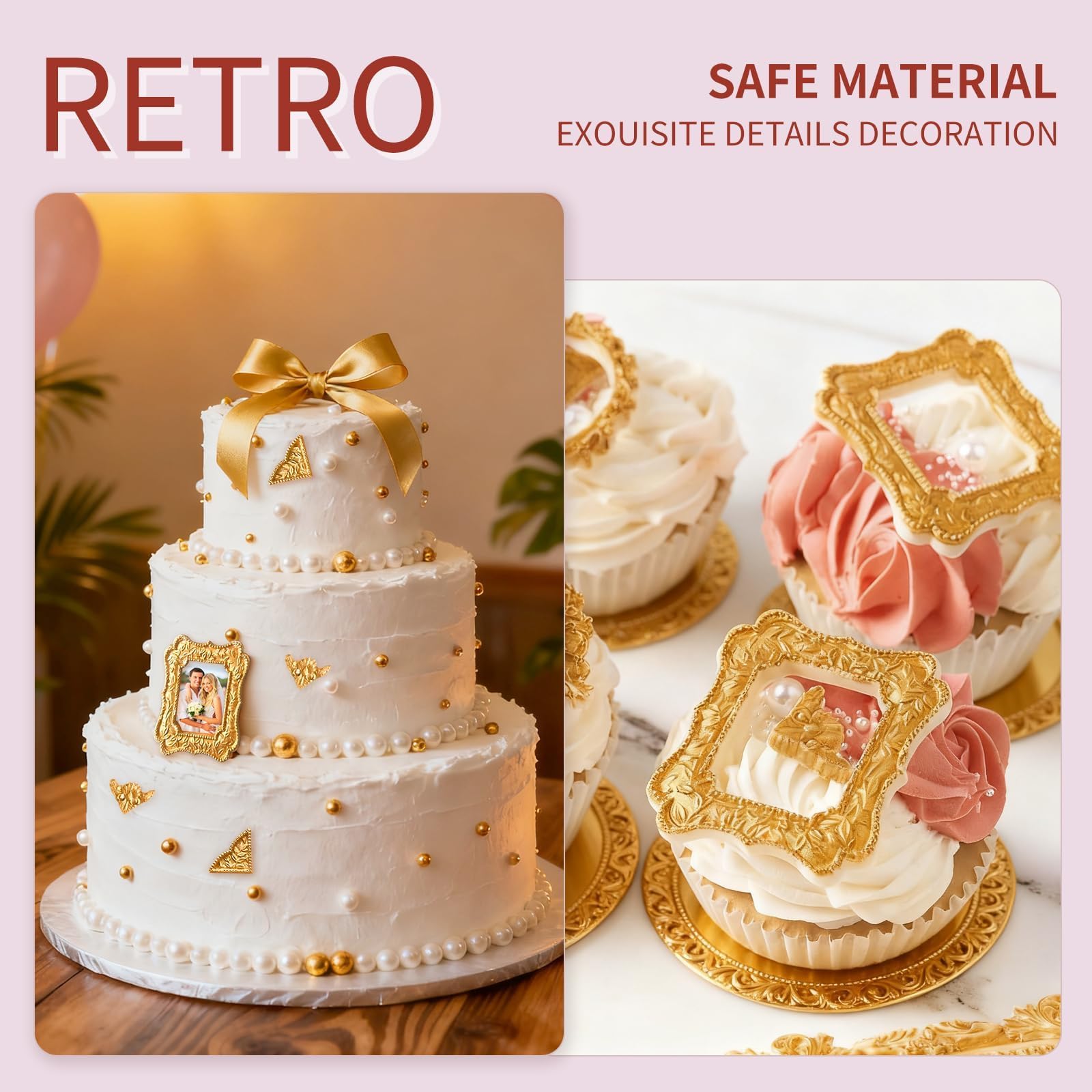 4-Piece Clay Moulds for Art and Craft, Silicone Mould for Clay Art, DIY Sugar Cake Baking Mold, Retro Relief Pattern Photo Frame Round Square Frame Shaped Silicone Mold 4