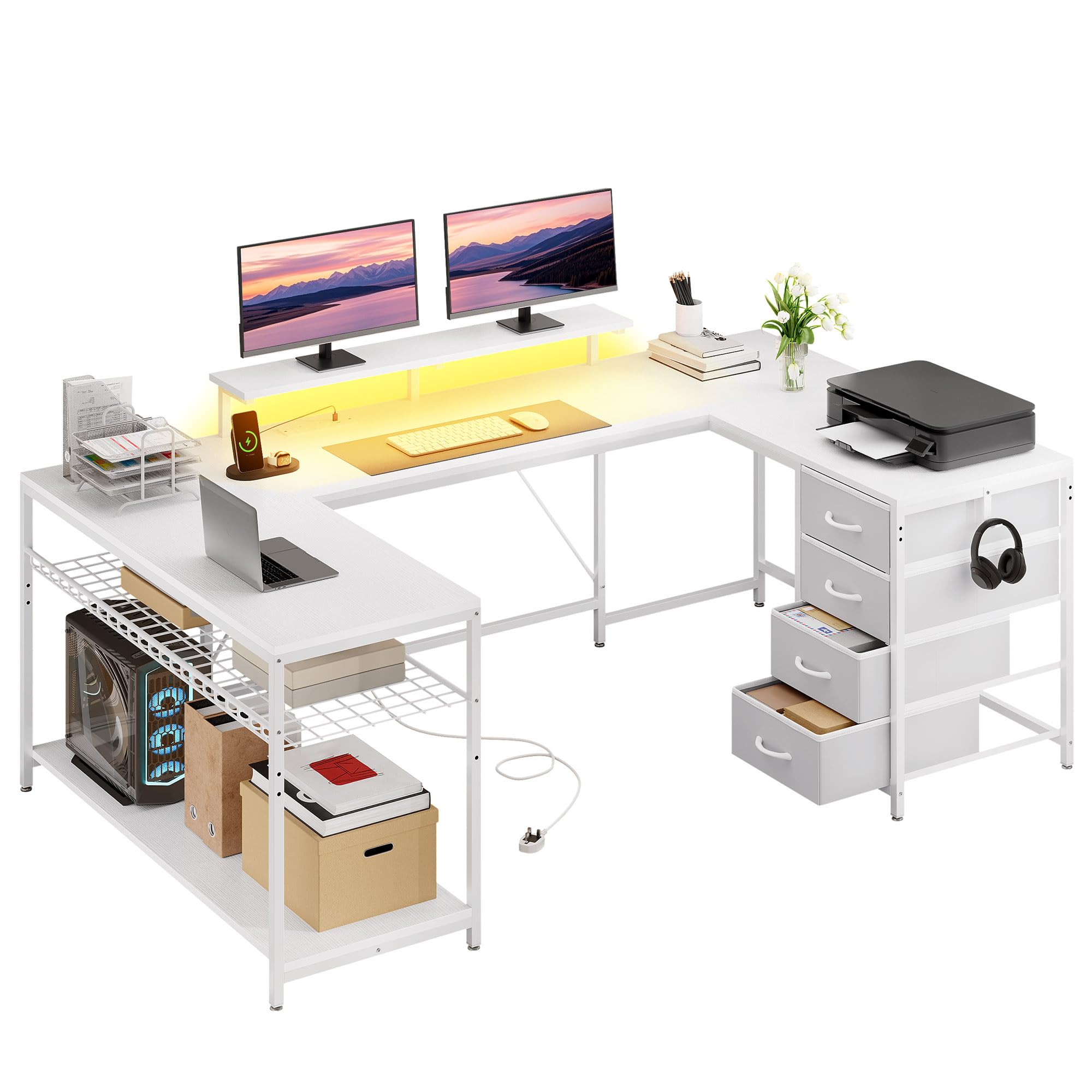 YITAHOME 158×100 cm Corner Desk with Drawers, Reversible L Shaped Computer Desk with LED Lights, U Shaped Gaming Table with Powers Outlets, Work Desk With PC Stand for Home Office White
