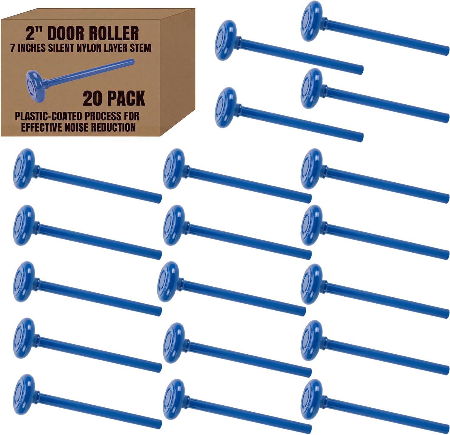 20-Pack 7" Stem Blue Silent Garage Door Rollers,Protective Sealed Cap (Dustproof), Fits 2" Track, 7/16" Stem, Carbon Steel Stem with Nylon Overmold + Reinforced Nylon Wheel, Vibration Dampening