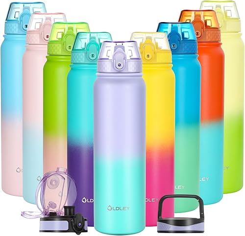 Oldley Botella de agua aislada con pajilla, botellas de agua de acero inoxidable de 32 onzas con 3 tapas, aislamiento al vacío de doble pared