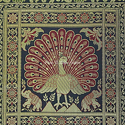 Image of Decorative Brocade Cushion Covers 16x16 Inch Banarasi Jacquard Weave Black & Gold Living Room Decor Peacock Traditional Square 40x40 cm Zippered Sofa Settee Pillowcases -Set of 5 Pcs