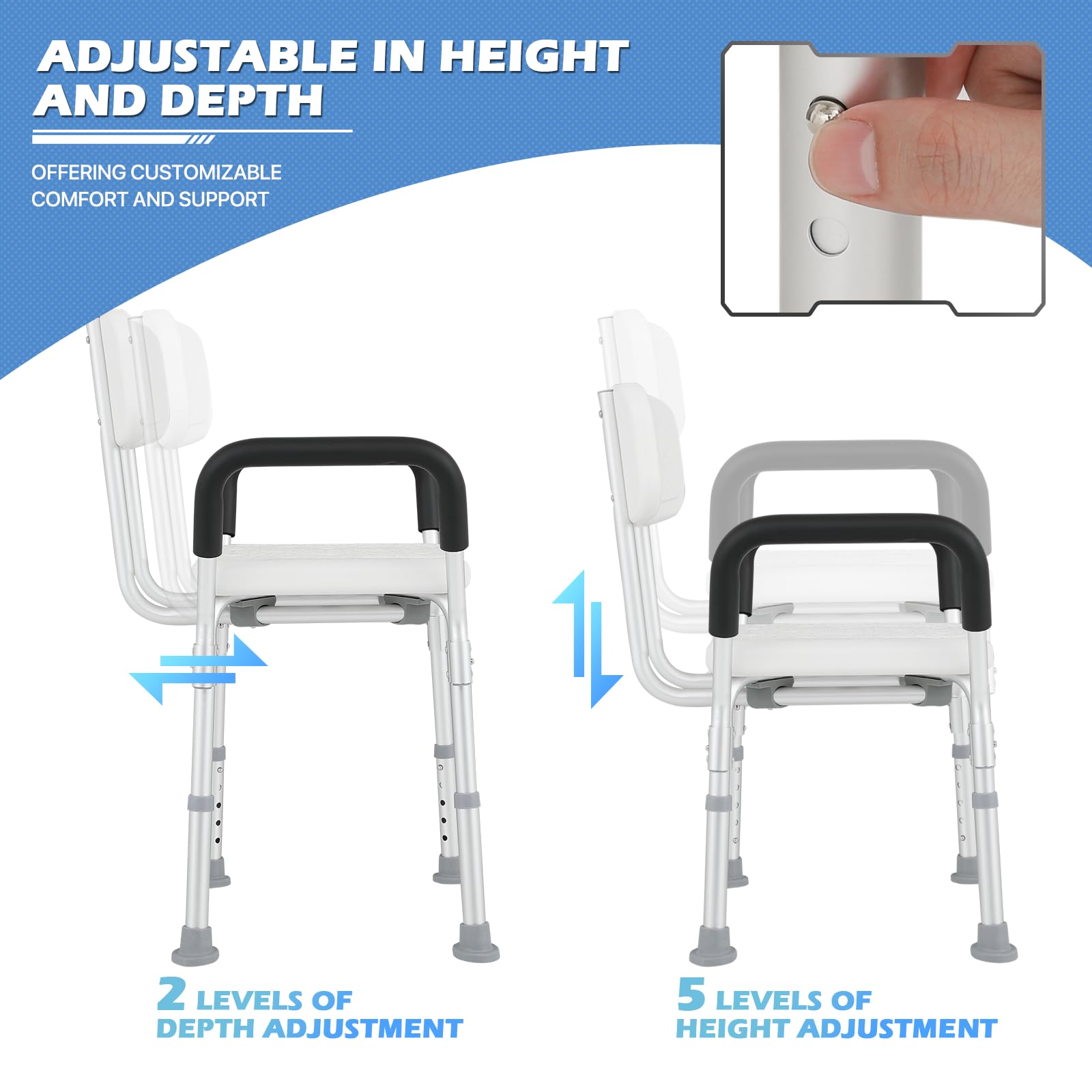 monicare Silla de ducha de altura ajustable para baño, bañera interior con respaldo y reposabrazos acolchado, silla de baño de seguridad antideslizante para adultos, personas mayores, personas
