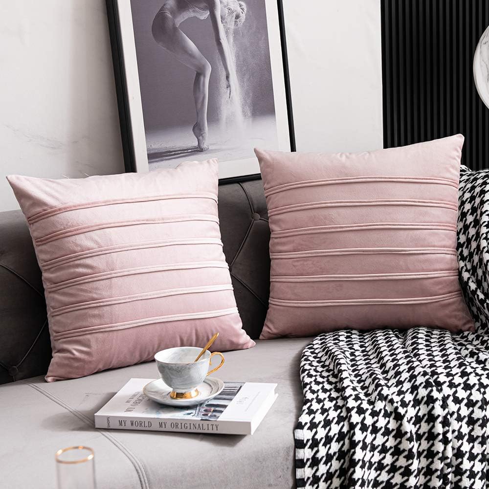 DEZENE 18x18 Pink Throw Pillow Covers: 2 Pack Cozy Soft Striped Velvet Square Decorative Pillow Cases for Couch