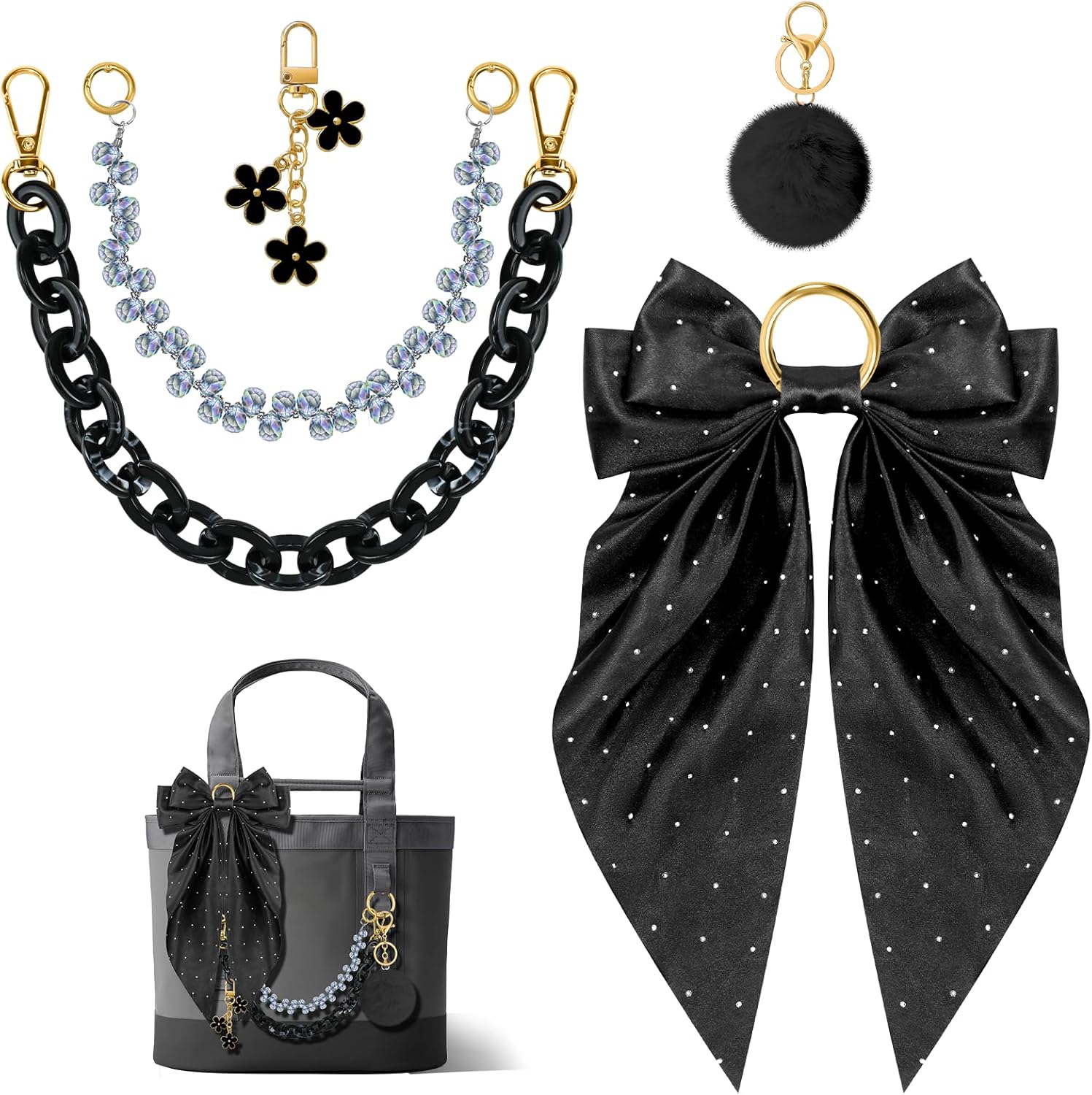 5PCS Tote Bag Charms Kit, Bag Accessories for YETI Camino 20/35/50 Carryall & Bogg Beach Tote Bag Decor Kit, Bow, Plush Ball, Flowers Charm, Cuba & Decorative Chain for Girls Women