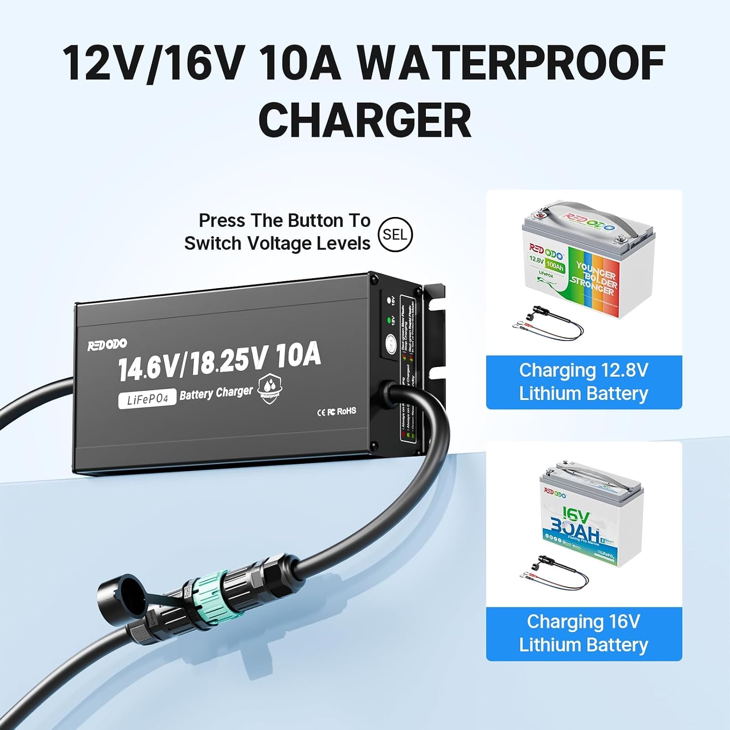 Redodo 12.8V 200AH Low Temp Cutoff LiFePO4 Battery with12V/16V 10A Charger, Deep Cycle Rechargeable Lithium Battery 1280W 4000+ Cycles, Perfect for Trolling Motor, RV, Solar and Off Grid Applications