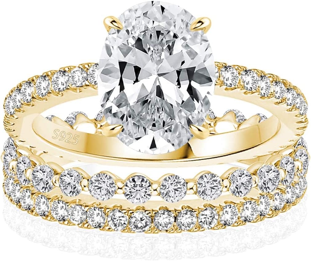 Maxinejewelry 2.0 Carat Oval Wedding Ring Set for Women, 3 Piece 14K Gold Plated Engagement Ring Set, with Two Matching Wedding Bands, S925 Sterling Silver Bridal Jewelry