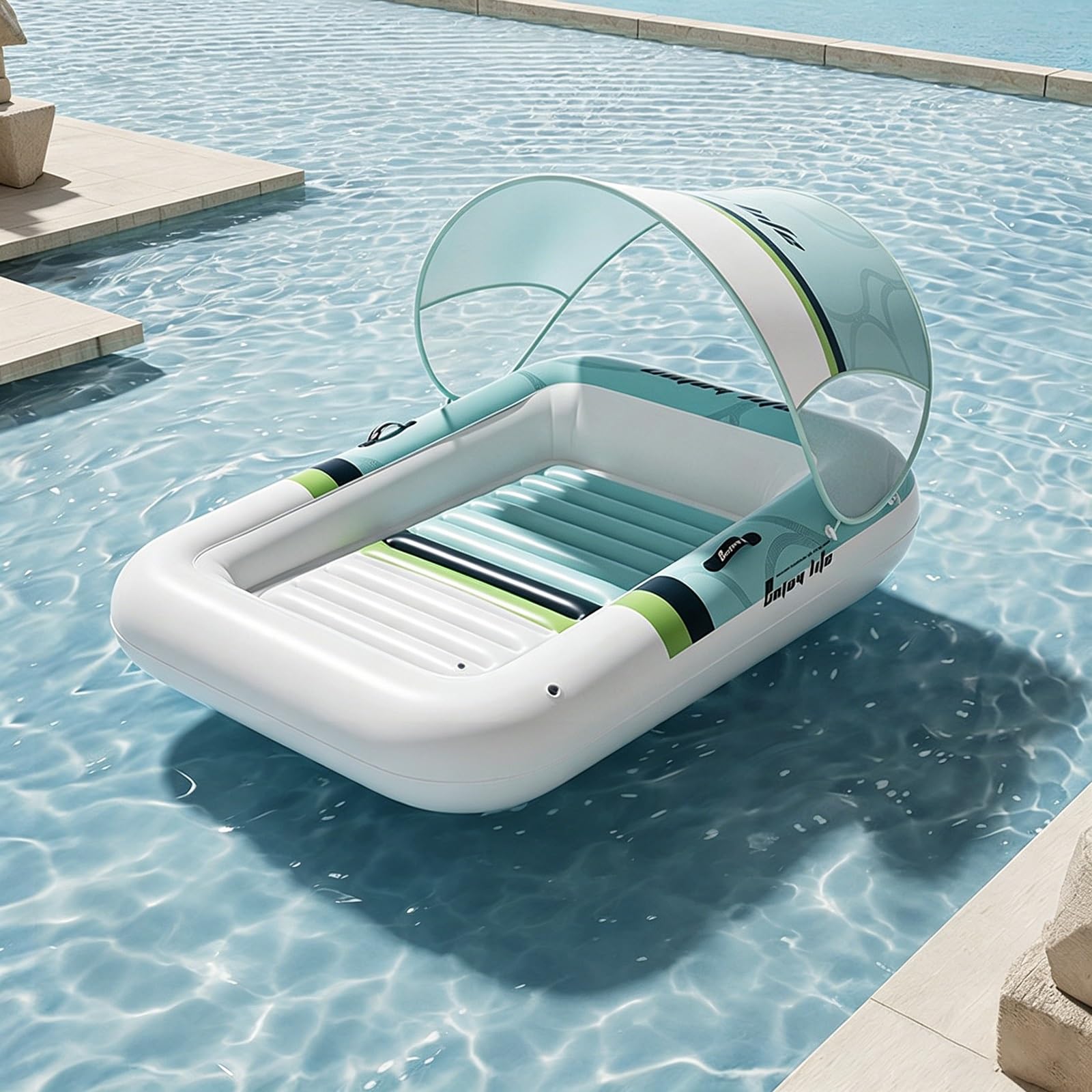 Matelas Gonflable Piscine, Chaise Longue Gonflable Piscine avec Auvent Amovible et Poignées, pour la Plage ou Le Bord d'un Lac