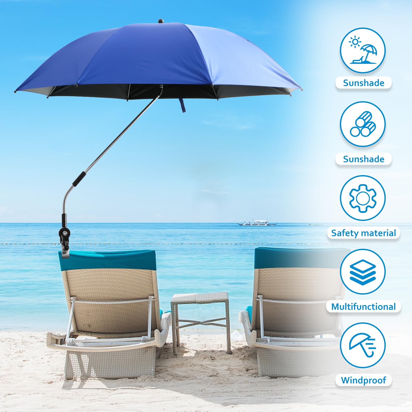 42 Inch Beach Umbrella with Universal Clamp, 360° Adjustable Shade Umbrella, Portable Outdoor Sunshade Umbrella with Storage Bag, Camping Chair Umbrella for Beach Camping Chair Wheelchair (Siliver)