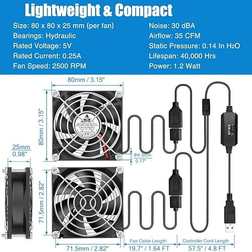 Vista 33 de GDSTIME Paquete de 2 ventiladores USB silenciosos de 1.575 pulgadas con 3 controles de velocidad, mini ventilador de carcasa de computadora sin