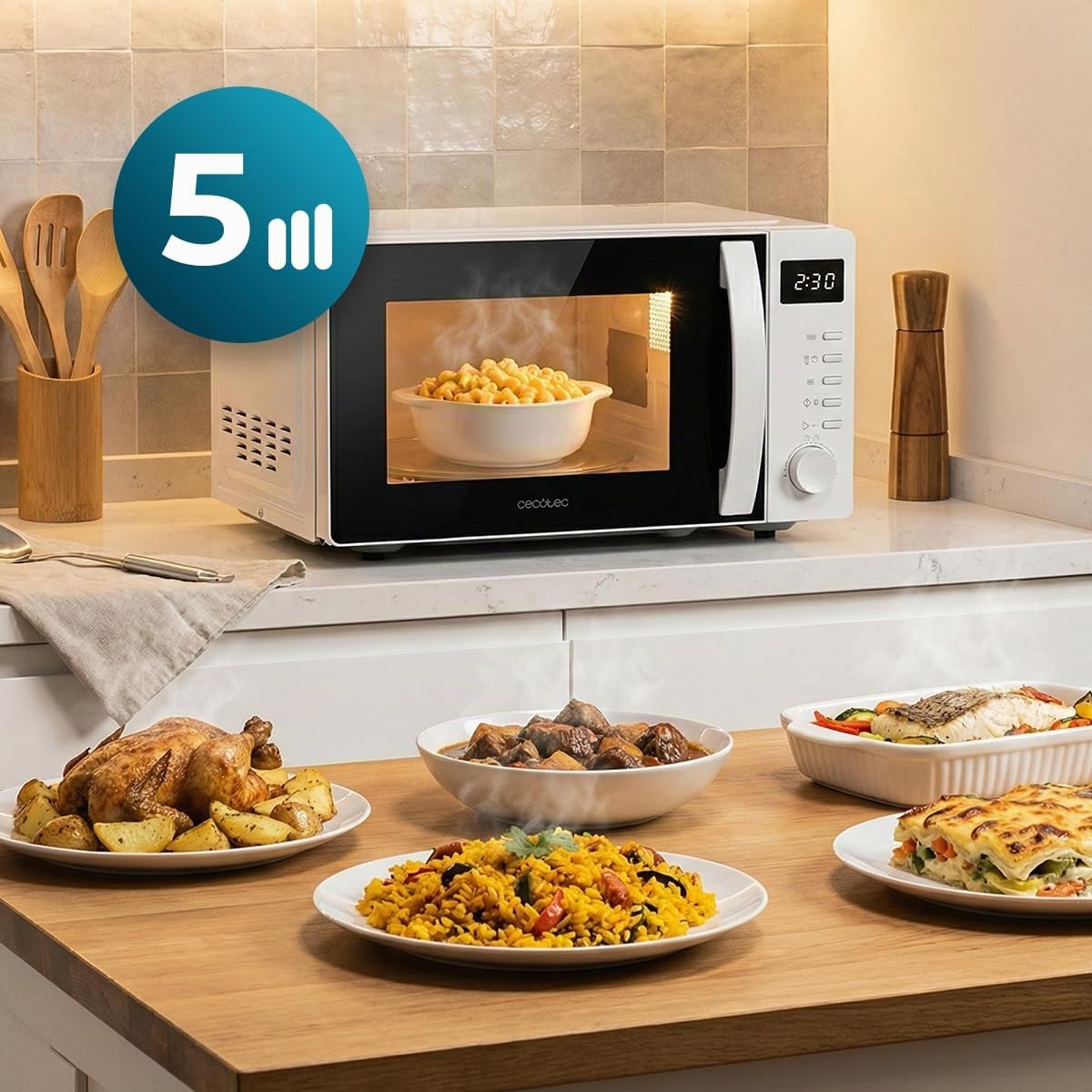 Cecotec Micro-ondes Digital Proclean 5005 White. 700W, 20L, Technologie 3DWave, 5 Niveaux de Puissance, Minuterie 30 Min, Décongélation, Écran avec Horloge, Repas Prêts en un Instant
