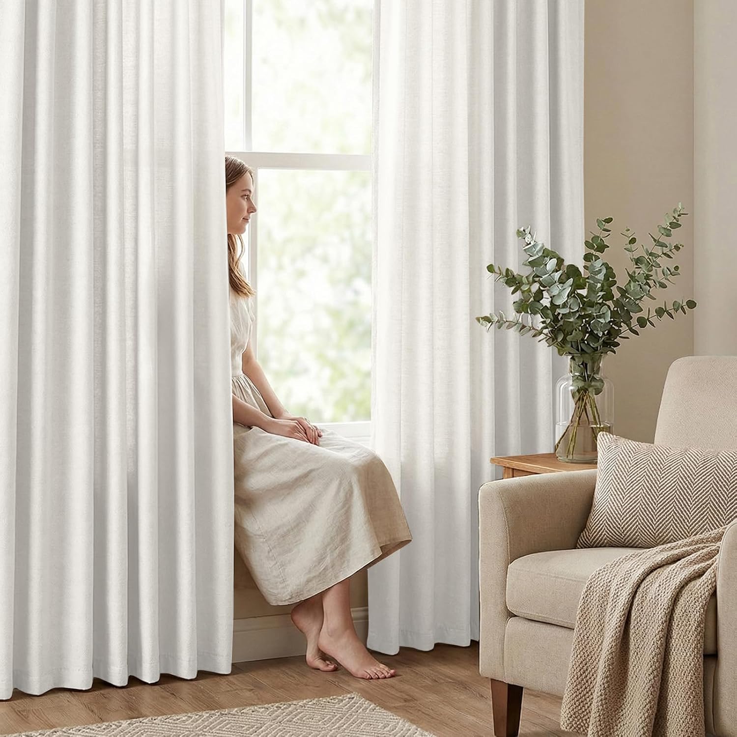 PrinceDeco Linen Curtains 84 inches Long 2 Panels Set for Living Room/Bedroom, Thick Linen Textured Rod Pocket Back Tab Drapes Elegant Window Treatment Semi Sheer Light Filtering Farmhouse, Ivory