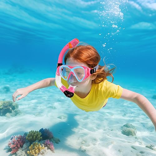 Miniatura 5 de Juego de esnórquel para niños, equipo de esnórquel con parte superior seca para niños, niñas, jóvenes de 5 a 15 años, máscara de esnórquel antivaho,