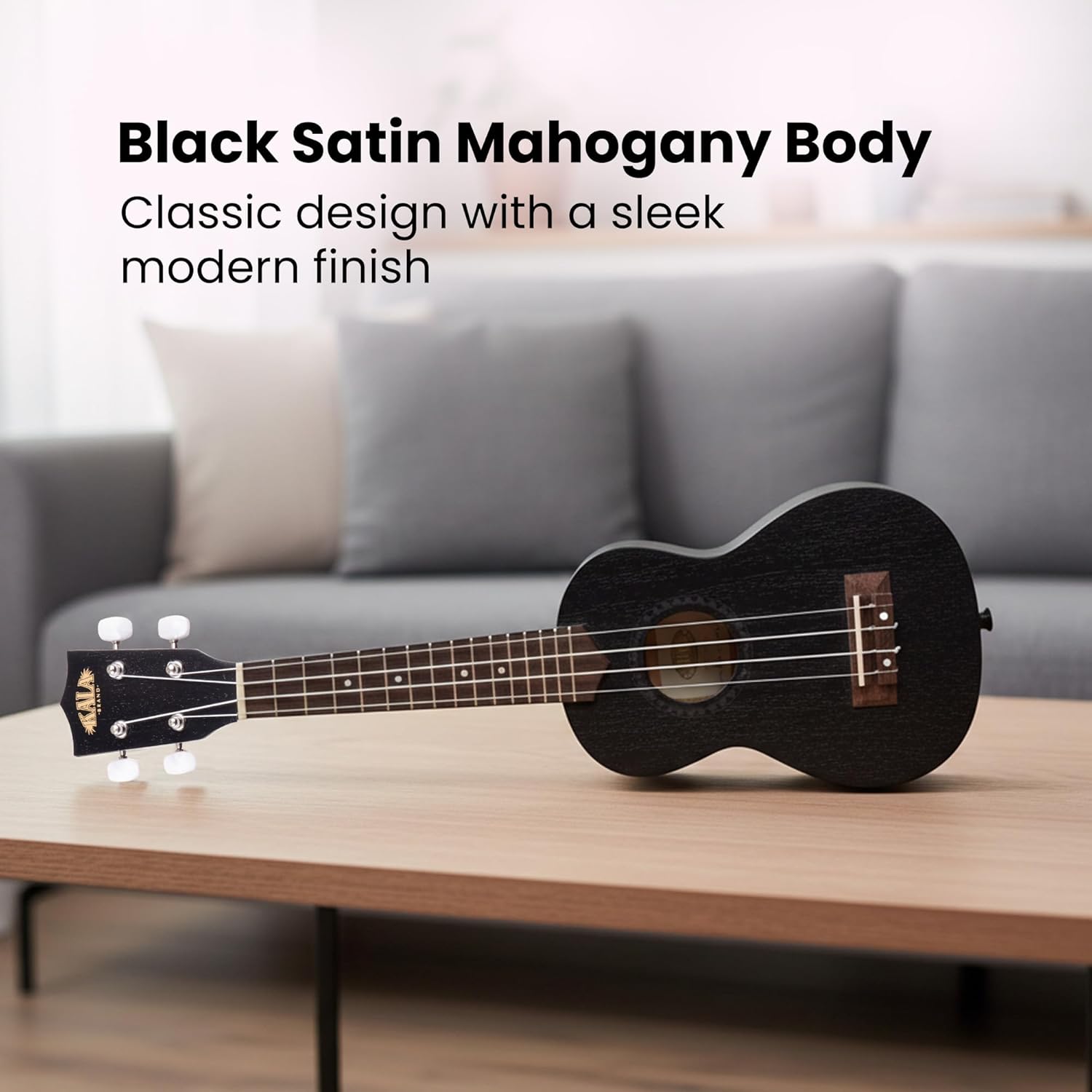 Kala KA-15S-BLK Satin Mahogany Soprano Ukulele - Black Bundle with Case, Tuner, Strap, Strings, Austin Bazaar Instructional DVD, and Polishing Cloth