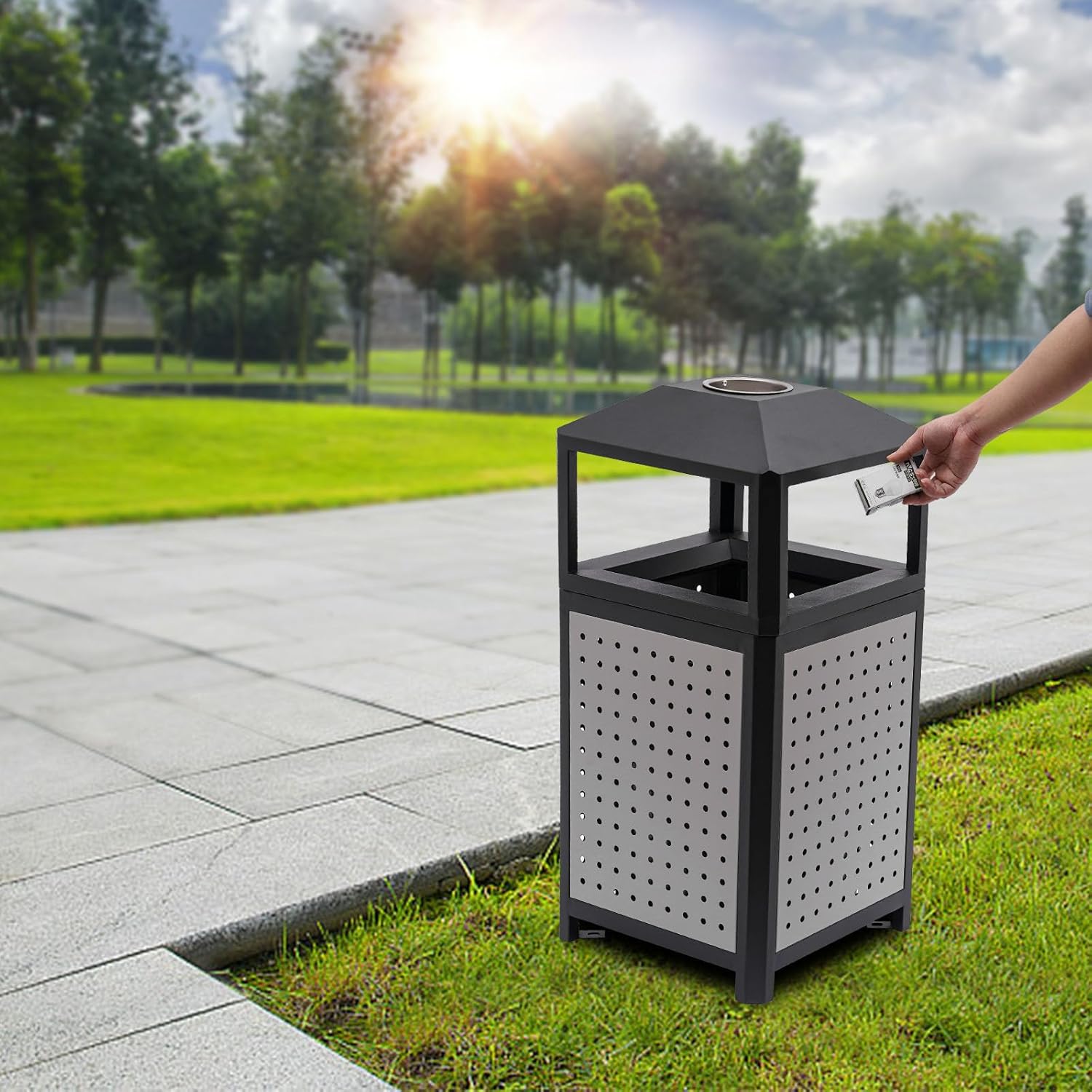 Commercial Waste Container Trash Can for Outdoor, Rectangular Trash Can with Ashtray, Stainless Steel Garbage Bin(15 gal with Ashtray)
