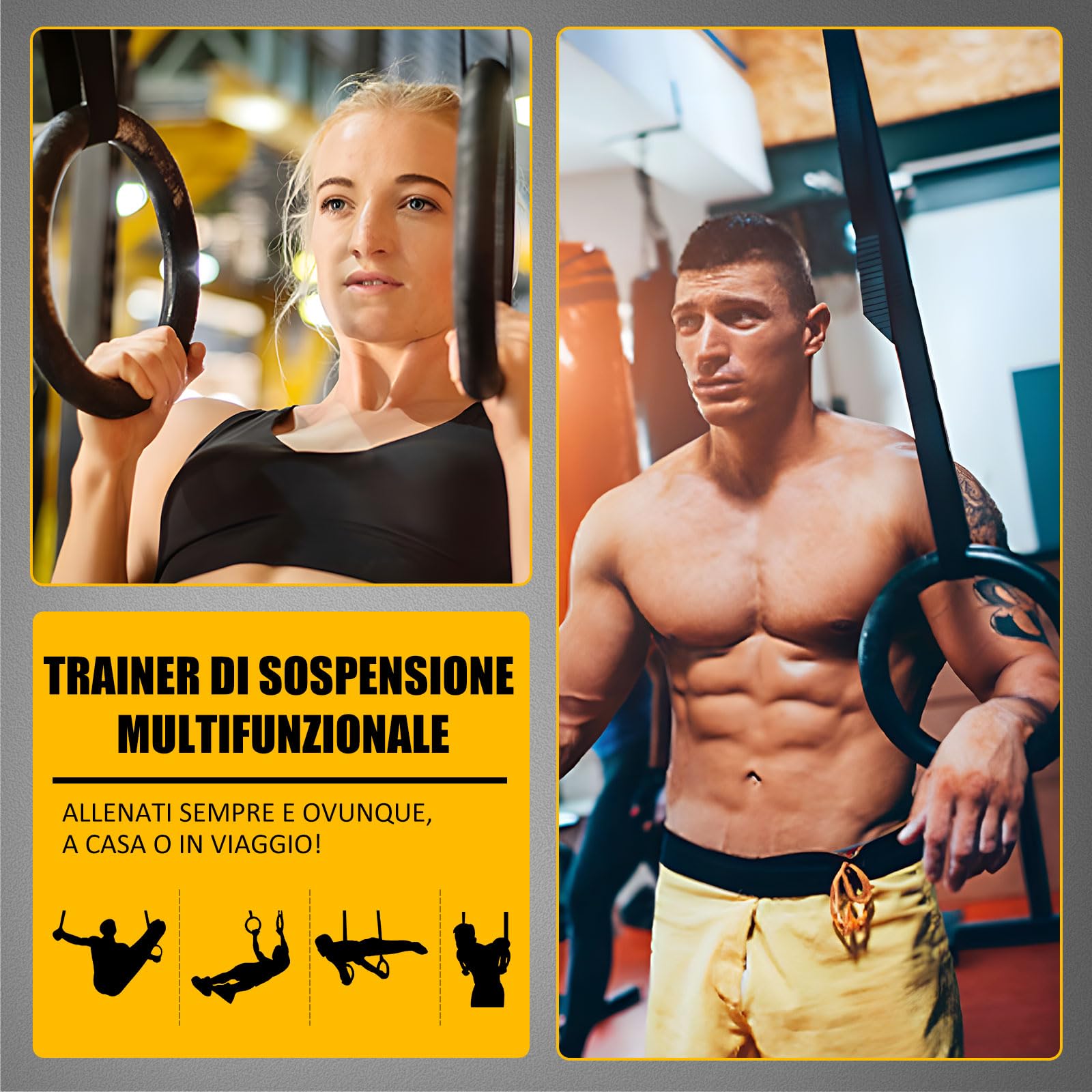 Anelli Ginnastica Fitness Anelli Palestra con 4m Regolabili Lunghi Fibbie Cinghie, Anelli Calisthenics Antiscivolo, Grande per Il Muscolo Up, Pull Up & Training Muscolare