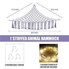 CERETIA Stuffed Animal Hammock with LED Light, Large Stuffed Animals Storage Corner Plushie Net for Kids Room Decor, Jumbo Purple