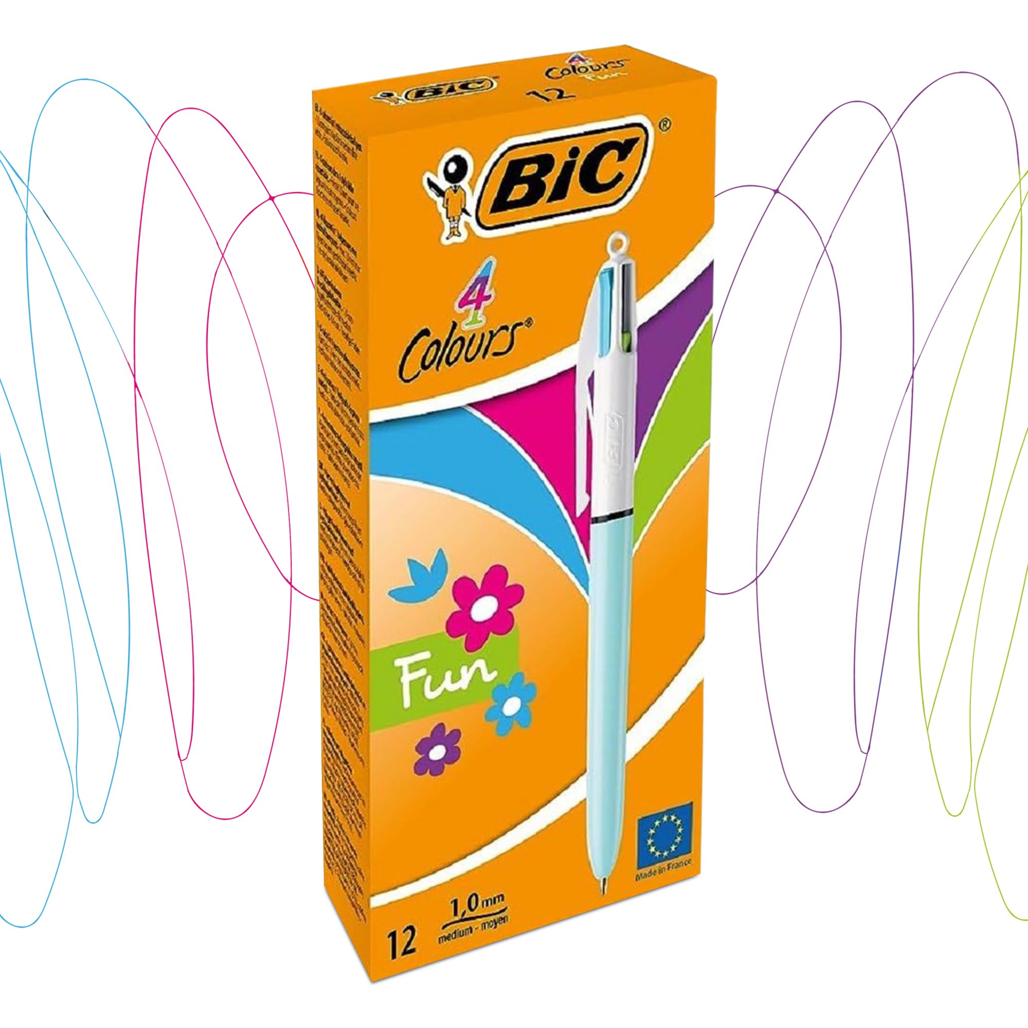 BIC Lot de 12 stylos amusants 4 couleurs avec corps en plastique de 1 mm, quatre couleurs d'encre en un pour écriture lisse, stylo multi-stylos 4 en un avec trou de clip et cordon pour étudiants et