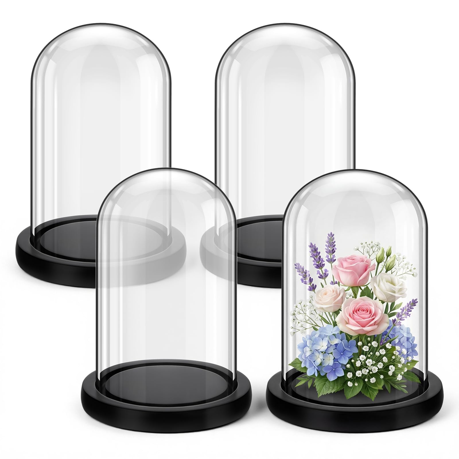 Suclain 4 campanas de cúpula de cristal con base de madera, color negro, 15