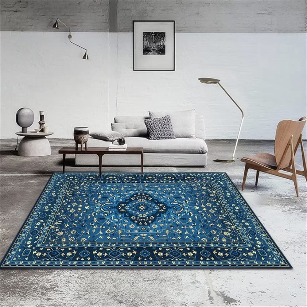 Tapis vintage durable bleu foncé pour masquer les imperfections du sol