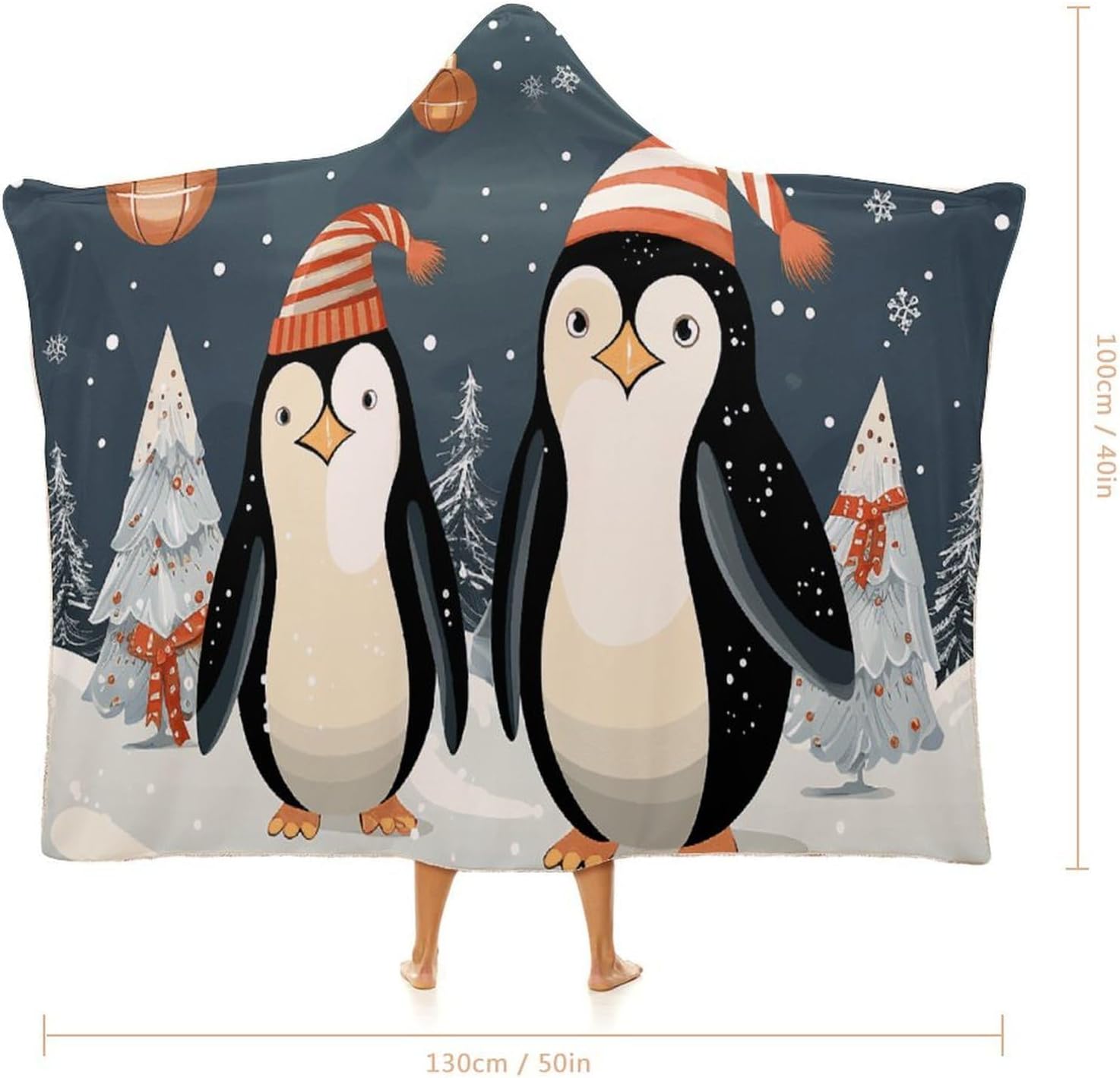 Merry Christmas Penguins Wearable Hooded Blanket, Ultra Soft Arctic Velvet Cape Cloak Unisex - Cozy Wearable Blanket