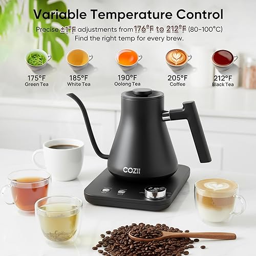 Miniatura 2 de COZII Hervidor eléctrico de cuello de cisne con control de temperatura de ±1°F, calentamiento rápido de 1200W para café de goteo y té, hervidor de