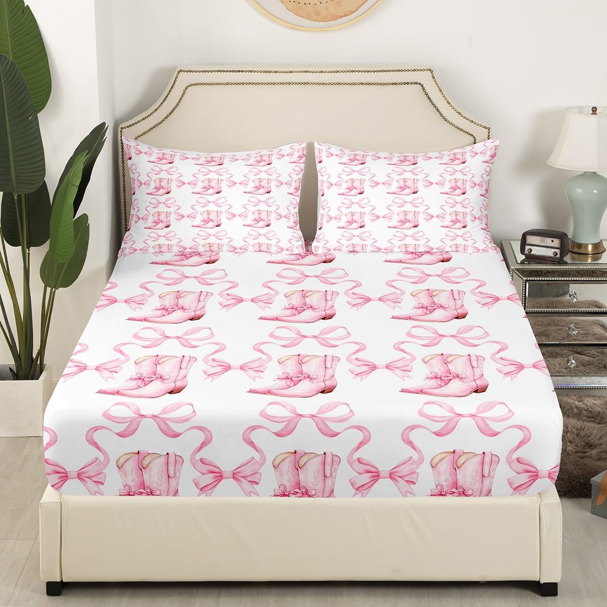 Cowgirl Boots Bedding Set Twin Size Western Cowgirl Theme Princess Style Bed Set for Teens Kids Sheet Watercolor Pink Bowknot Ribbon Bow-tie Stripes Bed Cover(1 Fitted Sheet+1 Pillow Case)