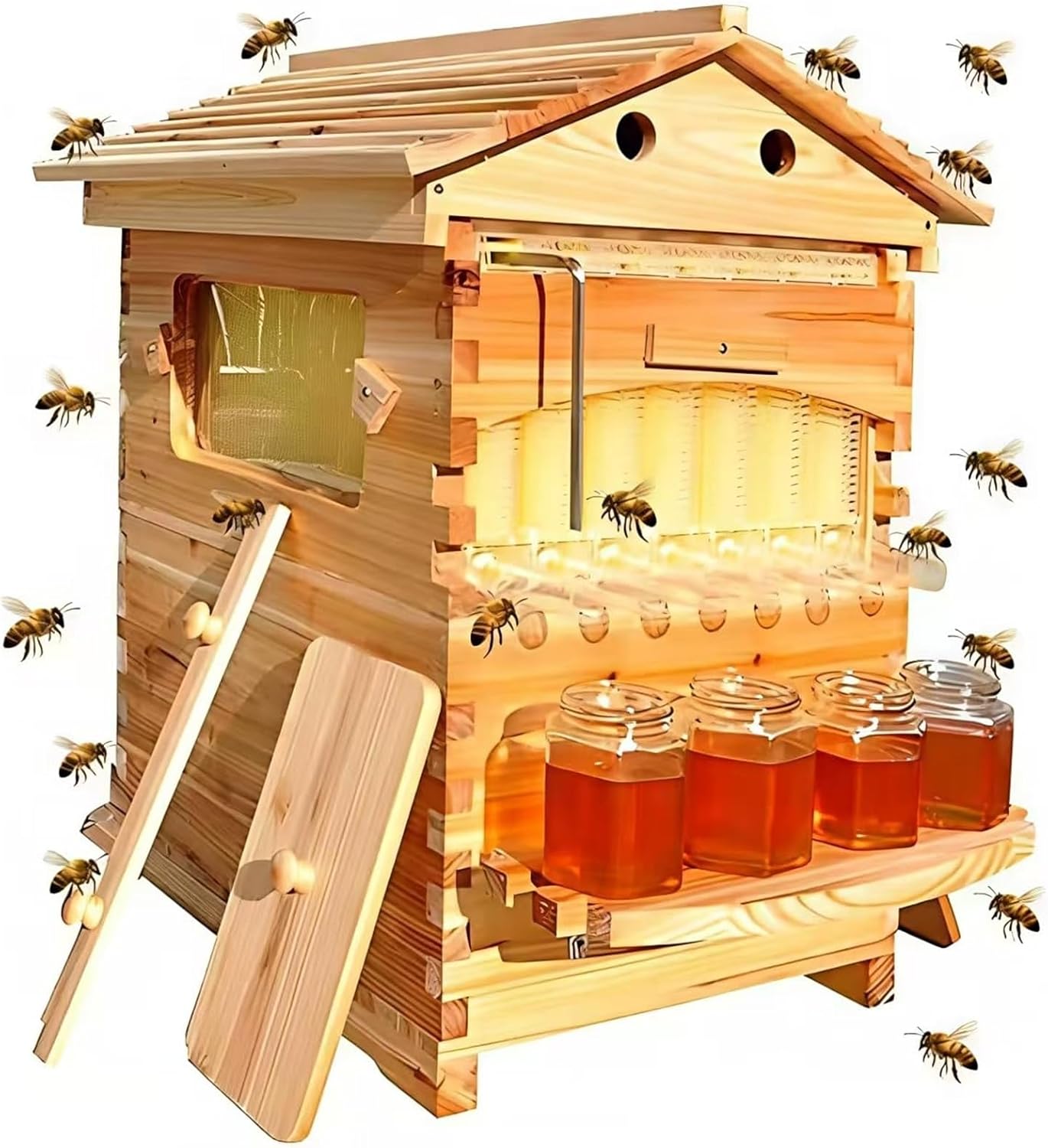 Automatic Wooden Beehive Kit - 7-Piece Honeycomb Boxes for Beekeeping, Wax-Coated Bee Hives & Supplies, Essential Beehive Starter Kit for Honey Production