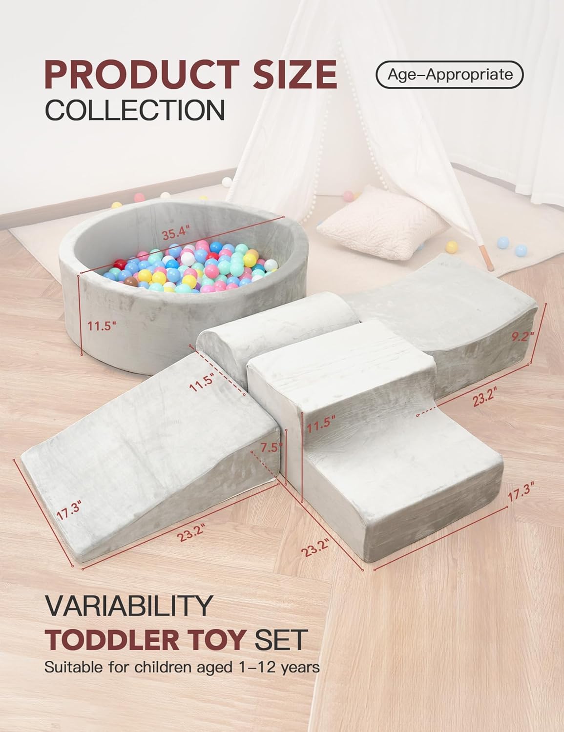 HOFISH Foam Playset with Ball Pit for Toddler Children, Playset Designed Easy to Clean or Install, Children Indoor Active Climbing Crawling and Playing -(Balls NOT Included) (Light Gray, 5PCS)