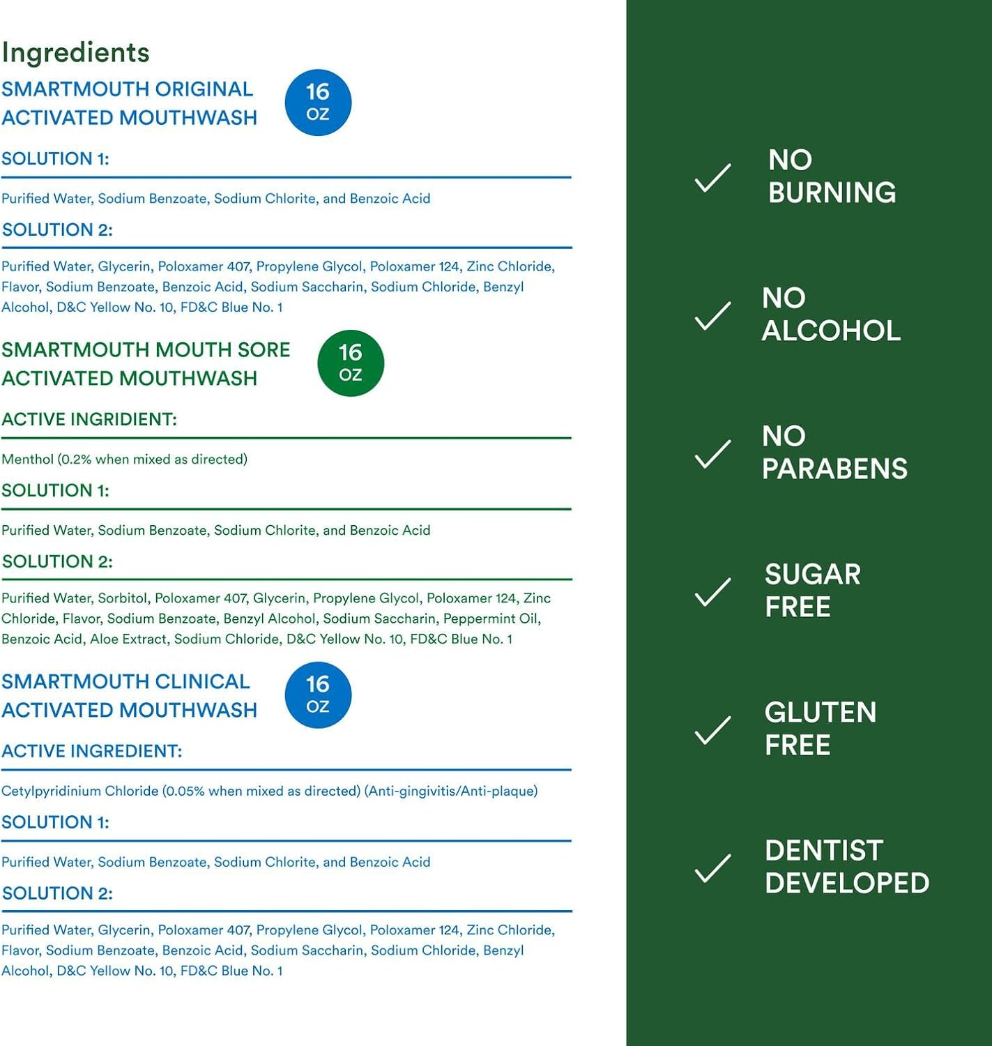 SmartMouth Package with Mouth Sore Activated Mouthwash - 16 Fl Oz, Cool Mint & Clinical DDS Activated Mouthwash - 16 Fl Oz, Clean Mint & Original Activated Mouthwash - 16 Fl Oz, Fresh Mint