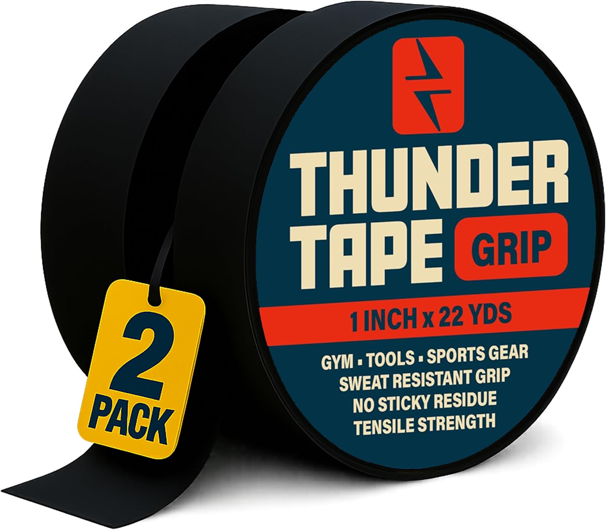 Thunder Tape 2 Pk Grip Tape - Cloth Grip Tape for Pull Up Bars, Sports, Tools, Handles, Bats, Rackets, Gym Equipment, Wire Wrap - No Residue, Sweat Resistant, 1 Inch x 66 Feet Each Roll - Black