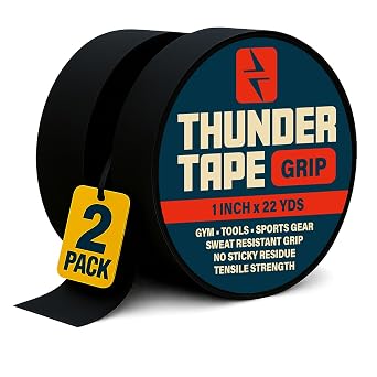Thunder Tape 2 Pk Grip Tape - Cloth Grip Tape for Pull Up Bars, Sports, Tools, Handles, Bats, Rackets, Gym Equipment, Wire Wrap - No Residue, Sweat Resistant, 1 Inch x 66 Feet Each Roll - Black
