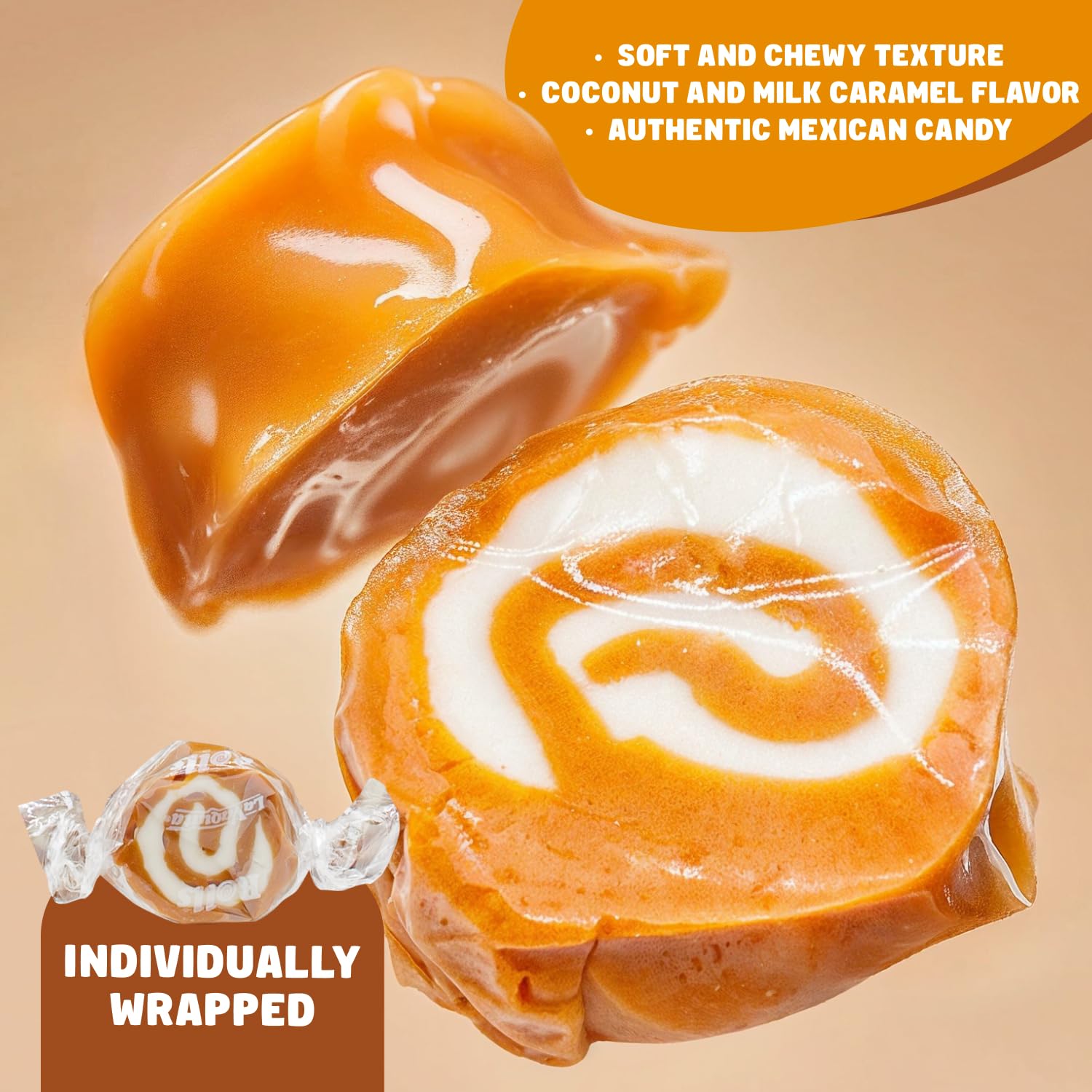 COCONUT ROLLS Caramel Candy 3 lb – Soft & Chewy, Old Fashioned, Individually Wrapped, Bulk Candies in Resealable Bag