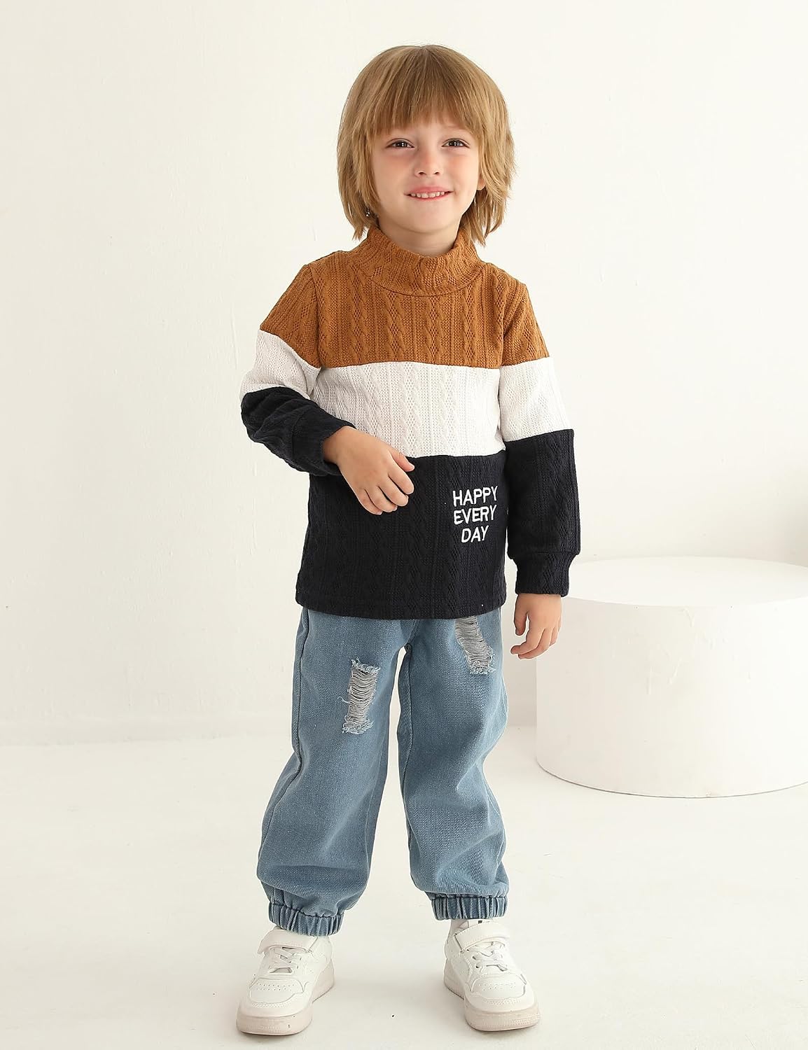 mksodopy Boy Clothes Color Block Sweater Jeans Boys Outifts Set