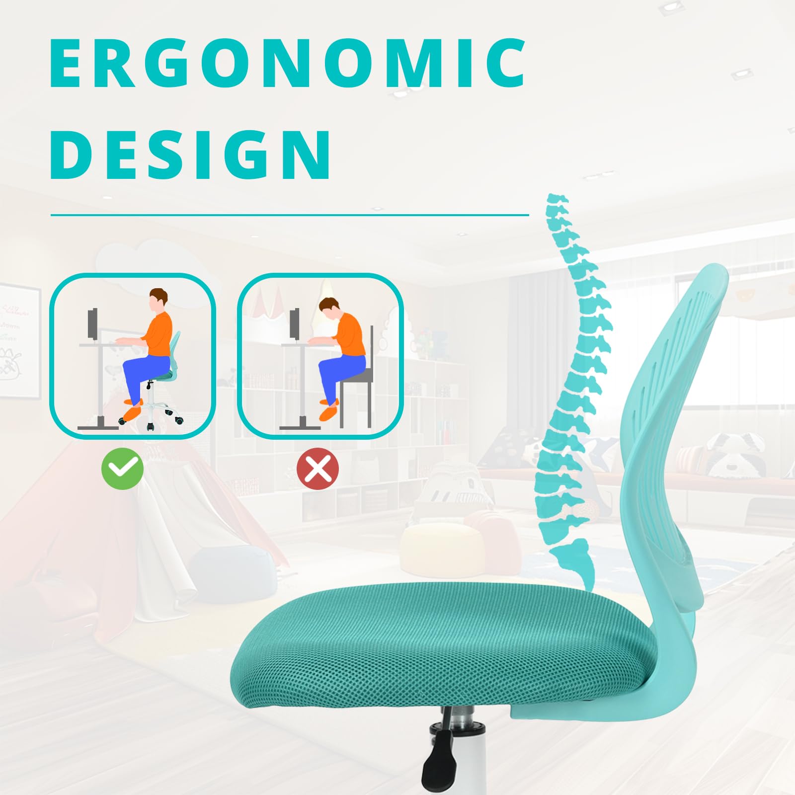 FurnitureR Moderne sans Bras pour Enfants-Chaise de Bureau réglable et pivotante pour écrire à la Maison-Turquoise, Plastique Métal, 38,5CM x40CM x75-87CM