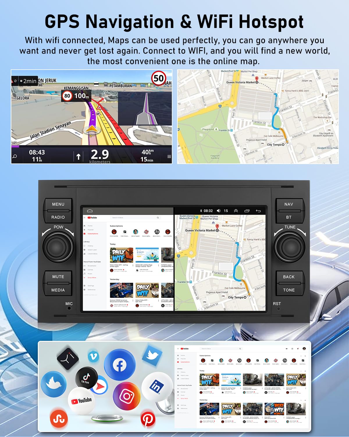 NHOPEEW 2+64G Autoradio per Ford Transit Fiesta Focus Galaxy Mondeo Fusion per Kuga C-Max S-Max Connect con Carplay&Android Auto - 7 pollici Radio Supporto WiFi GPS SWC + Backup Camera&Mic