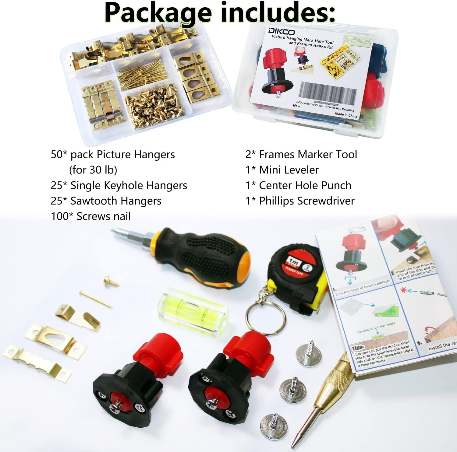 DIKOO Picture Hanging Hole Marked Tool and Frame Hanger Hooks Kit - 248 Pieces Assortment with Picture Hanging Hooks, Nails, Single Keyhole Hangers and Sawtooth Hangers for Wall Mounting Supplies