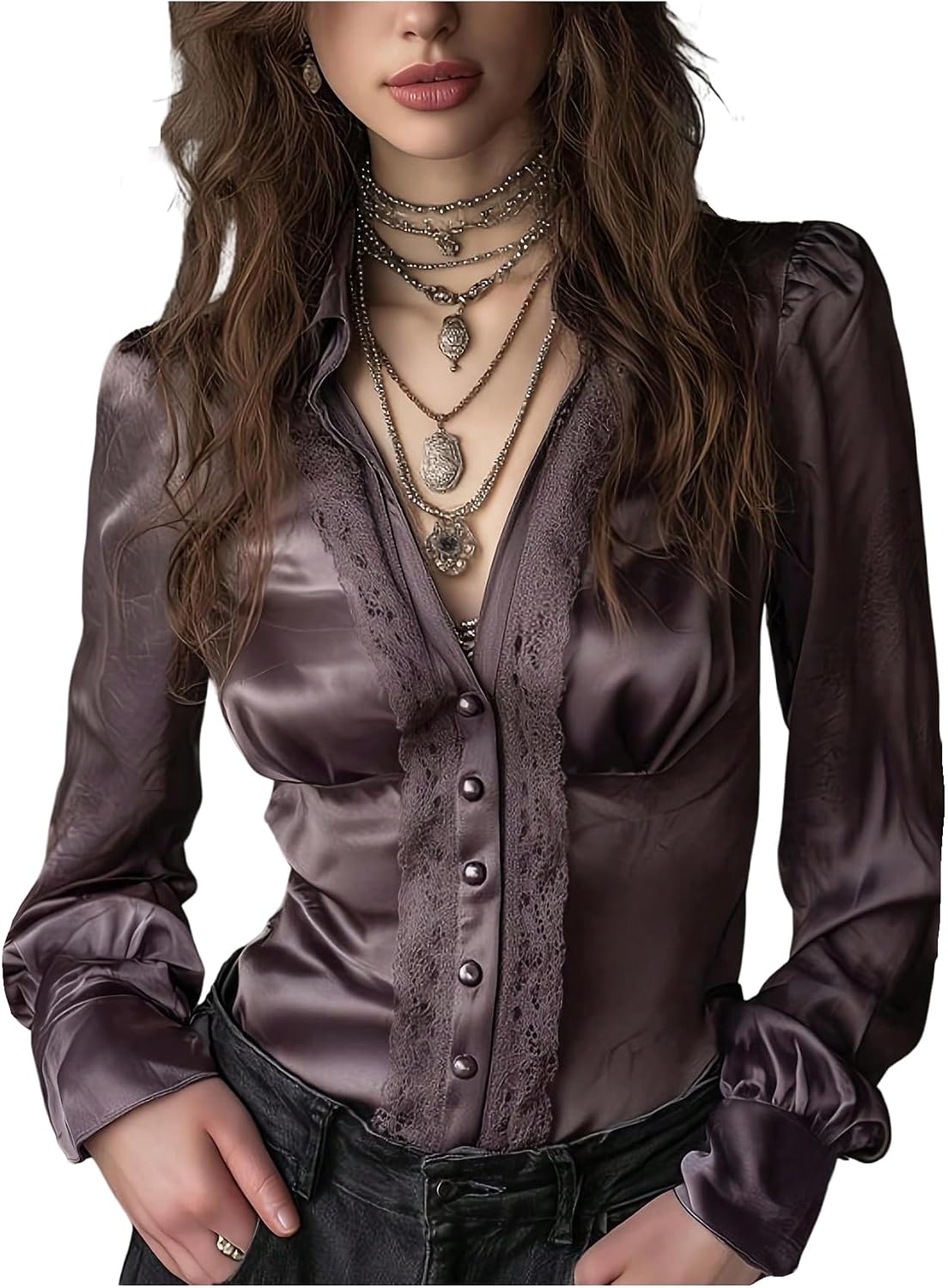 SHENHE Women's Satin Button Down Blouse Lace V Neck Long Sleeve Going Out Elegant Shirts
