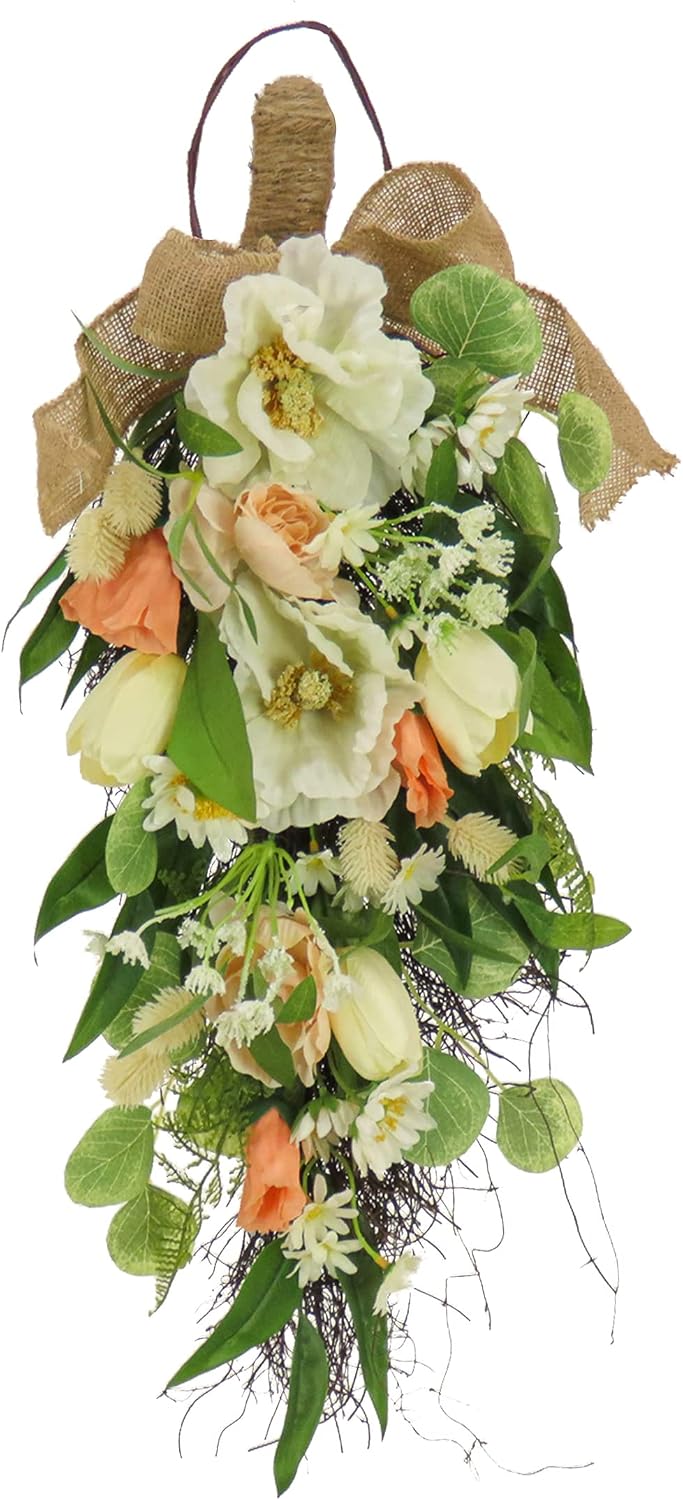 National Tree Company Artificial Teardrop Wall Hanging Decoration, Pink, Woven Branch Base, Decorated with Tulip Blooms, Poppies, Buttercup Blossoms, Flowing Green Stems, Spring Collection, 26 Inches