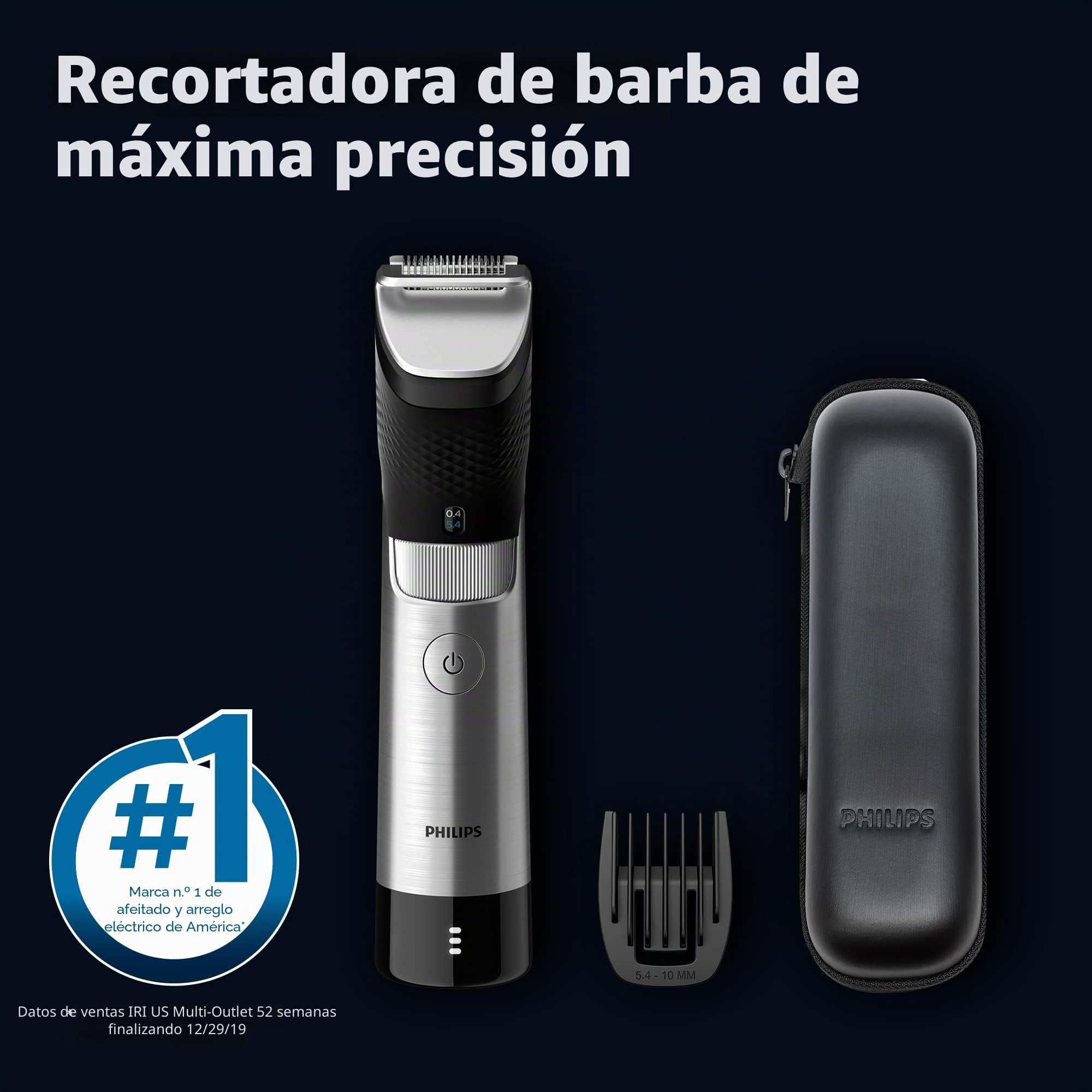 Norelco Philips Series 9000, recortadora de barba y pelo de máxima precisión con tecnología Beard Sense para un corte uniforme, BT9810/40