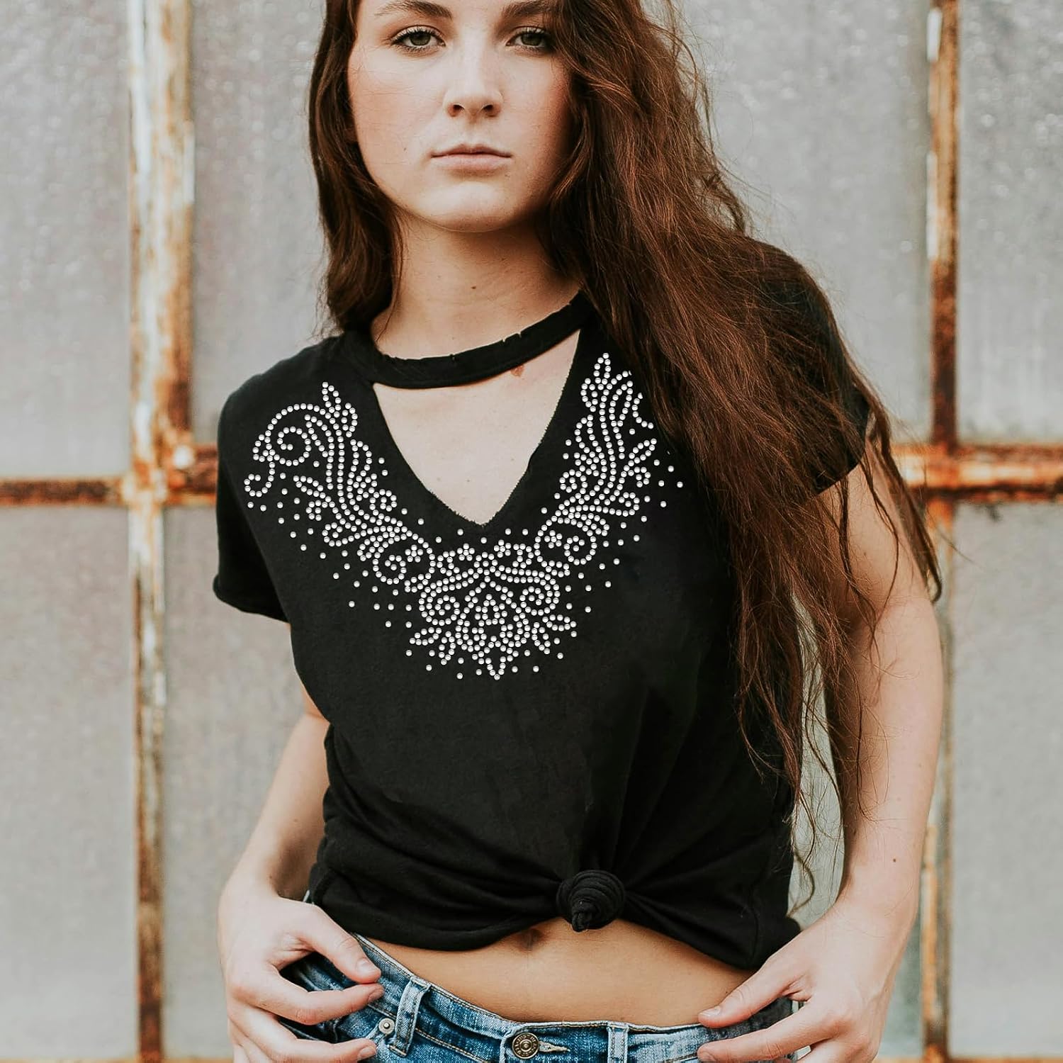 Neck Lace Rhinestone Iron on Hotfix Transfer Decal Flower Bling Heat Transfer Clear Crystal Patch Clothing Repair Applique for T-Shirts Bags Hats Pants DIY Decoration