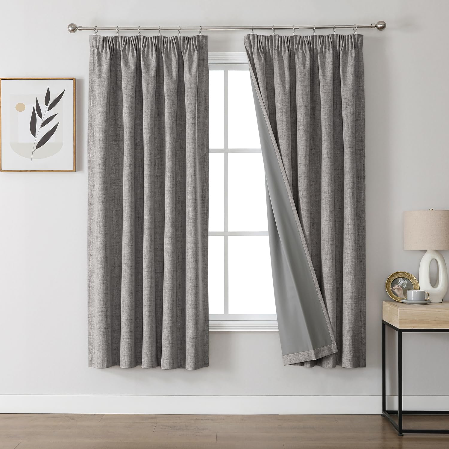 Joydeco 100% Verdunkelungsvorhänge Leinen Gardinen mit Kräuselband 2er Set H160xB132cm Hellgrau
