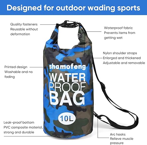 Vista 4 de Bolsa seca impermeable de 5L/10L/15L/20L/30L Mochila de almacenamiento en seco con funda para teléfono, botella de agua plegable, gafas de sol, Azul