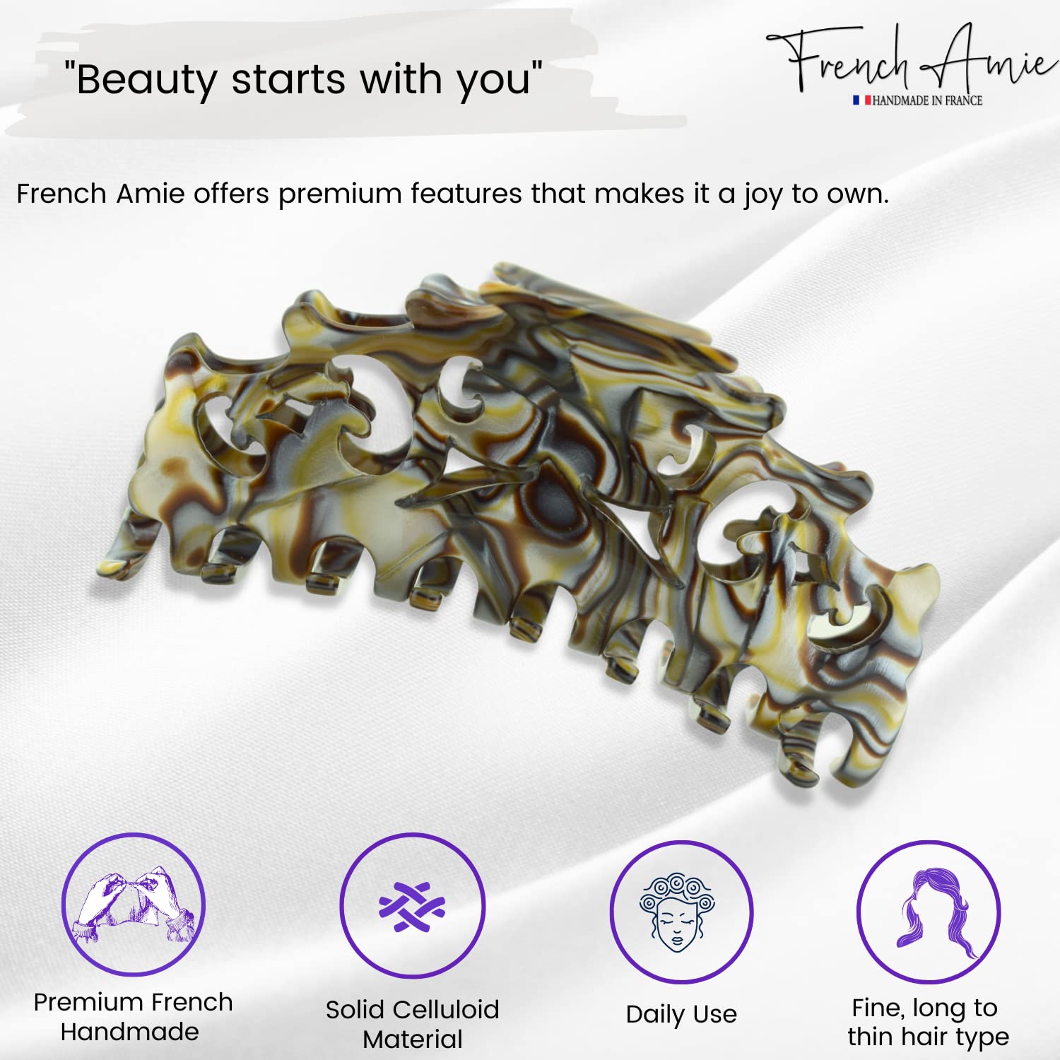 French Amie Beau Medium Handmade Celluloid Silver Grey Onyx Jaw Hair Claw Clip Clamp Clutcher - Image 2