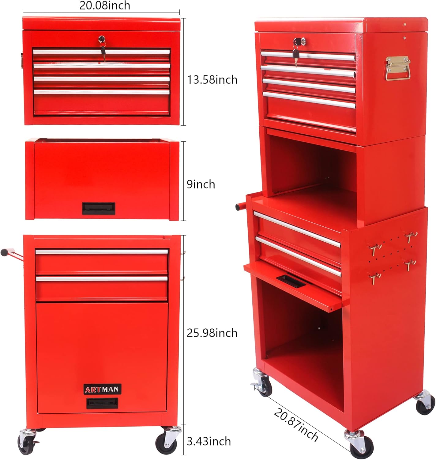 High Capacity Rolling Tool Chest with 6 Drawers, 3 in1 Detachable Rolling Tool Box with Lockable Wheels Locking Tool Cart for Workshop Warehouse Garage, Red
