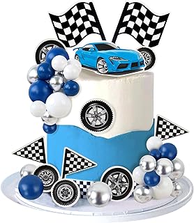 Ercadio 42Pcs Blue Racing Car Birthday Cake Toppers Wheel Checkered Flag Cupcake Toppers Silver Blue Balls Cake Decorations for Kids Racing Birthday Cake Decoration Race Car Party Supplies